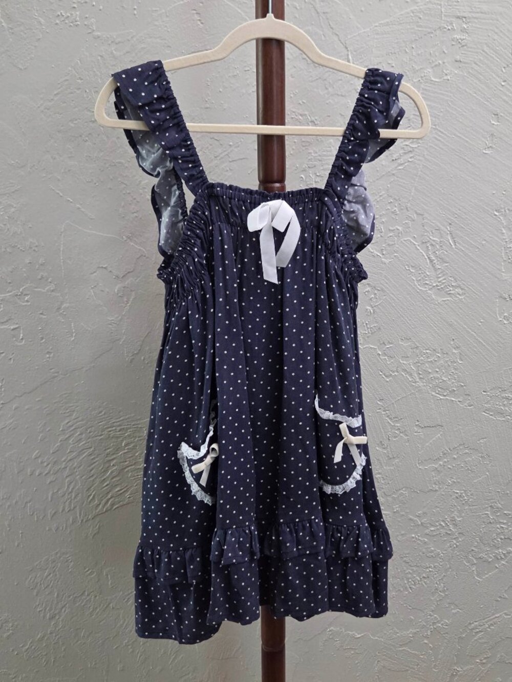 D90.‎ Women's Polka Dot Ruffle Strap Dress with Lace Trim